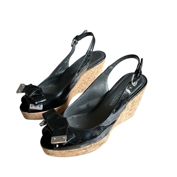 Stuart Weitzman Black Bodajean Bow Patent Leather Wedge Sandals Size 8.5 - Picture 2 of 10